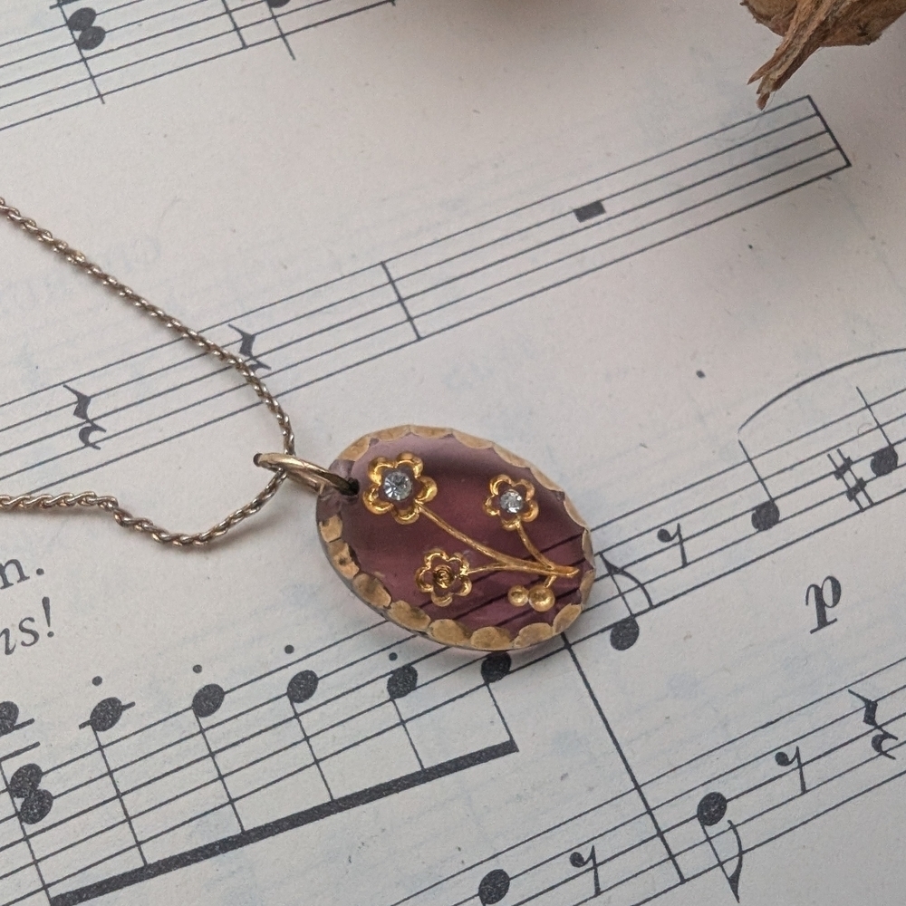 Vintage Purple Glass Amd Goldtone Floral Pendant Necklace